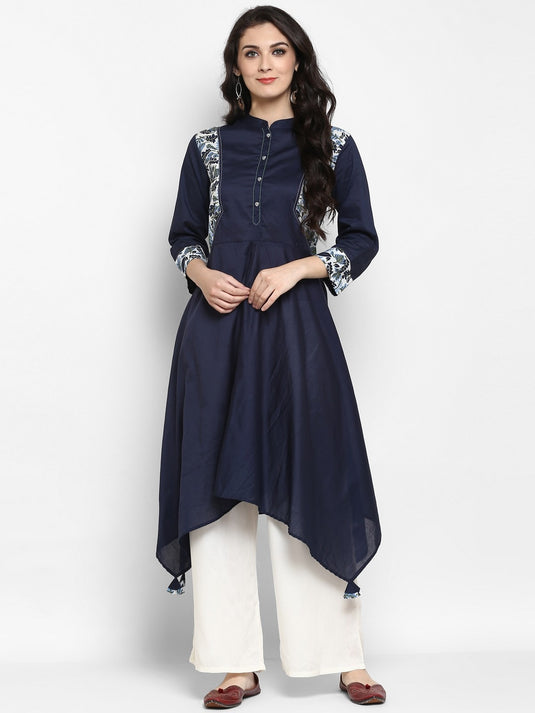 Pannkh Women's Navy Asymmetric Hem Kurta