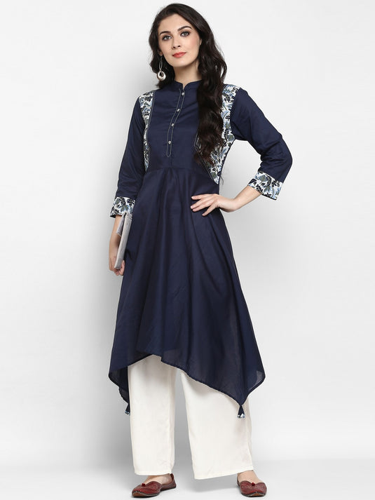 Pannkh Women's Navy Asymmetric Hem Kurta