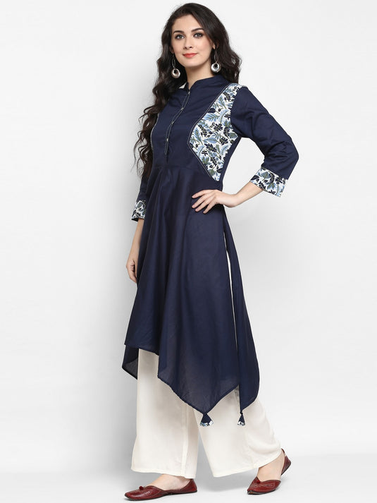 Pannkh Women's Navy Asymmetric Hem Kurta