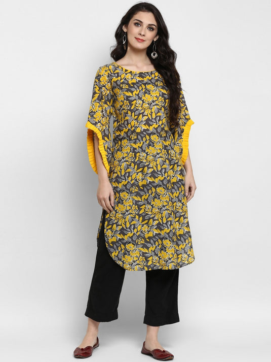 Pannkh Women's Yellow Floral Printed Petal Sleeves Kurta