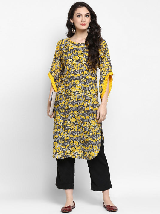 Pannkh Women's Yellow Floral Printed Petal Sleeves Kurta