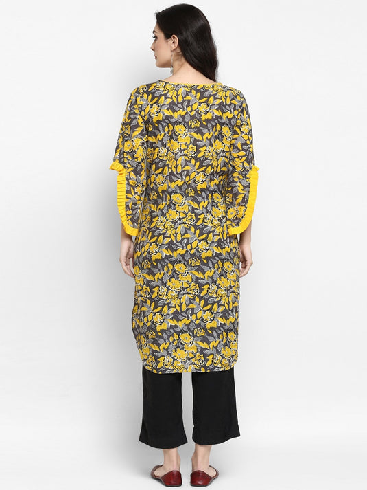 Pannkh Women's Yellow Floral Printed Petal Sleeves Kurta