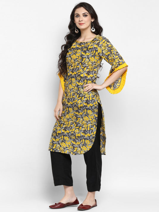 Pannkh Women's Yellow Floral Printed Petal Sleeves Kurta