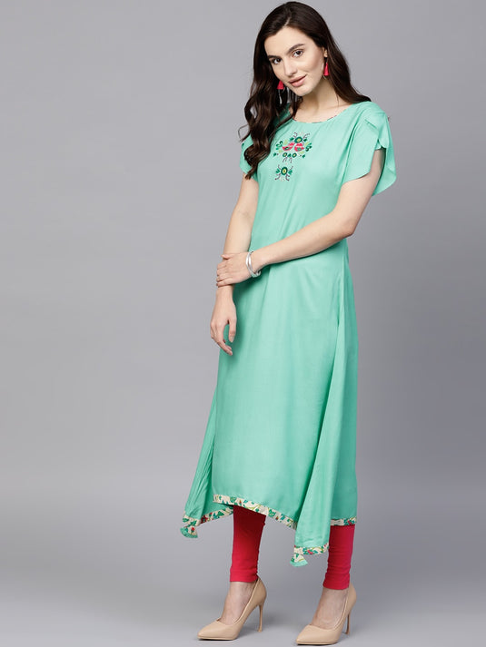 Pannkh Women's Embroidered Petal Sleeves Kurta