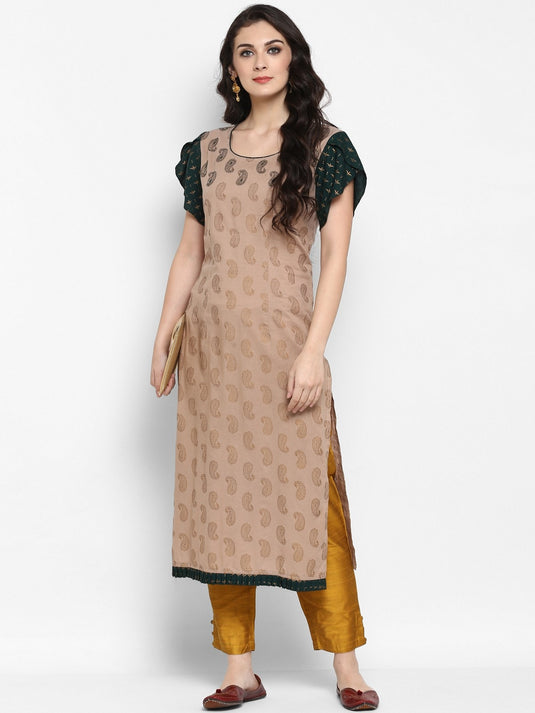 Pannkh Women's Paisly Golden Printed Embroidered Kurta