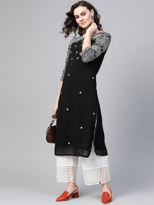 Black Knitted Embroidered Kurta