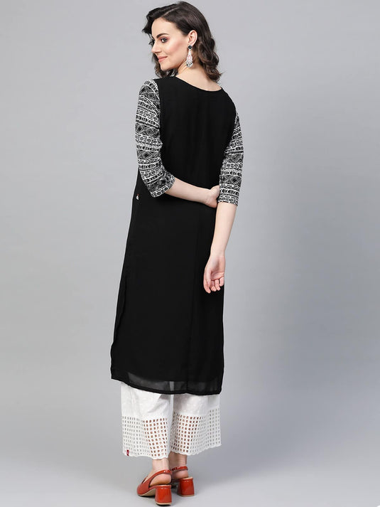 Black Knitted Embroidered Kurta