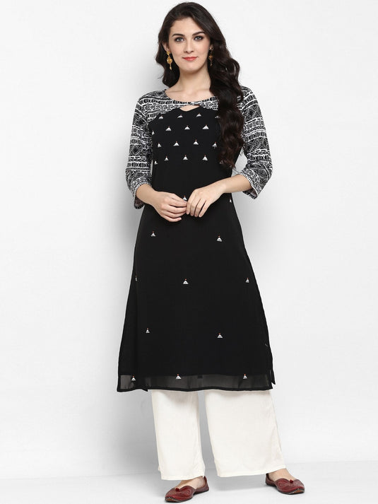 Black Knitted Embroidered Kurta