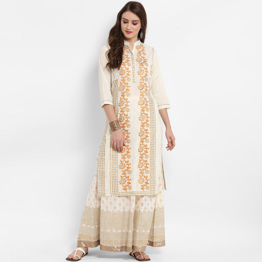 Pannkh Women's Stand Collar Block Printed Kurta