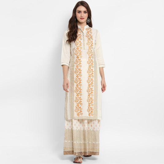 Pannkh Women's Stand Collar Block Printed Kurta