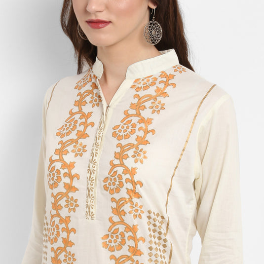 Pannkh Women's Stand Collar Block Printed Kurta