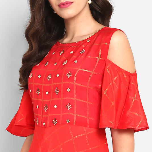 Pannkh Women's Embroidered Cold Shoulder Kurta