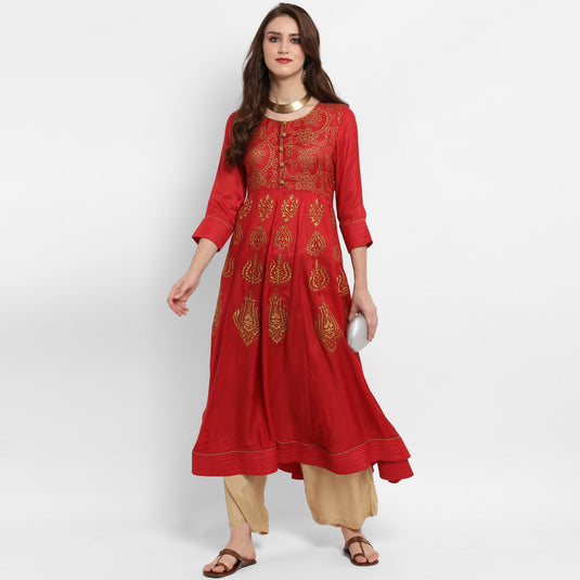 Pannkh Women's Anarkali Block Printed Kurta