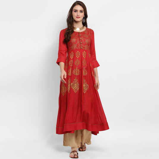 Pannkh Women's Anarkali Block Printed Kurta