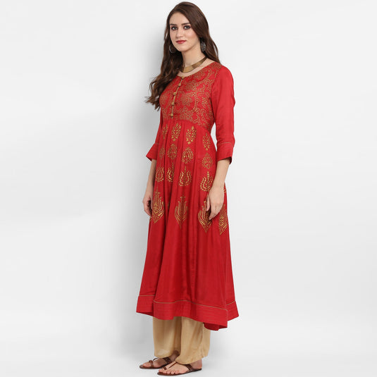 Pannkh Women's Anarkali Block Printed Kurta