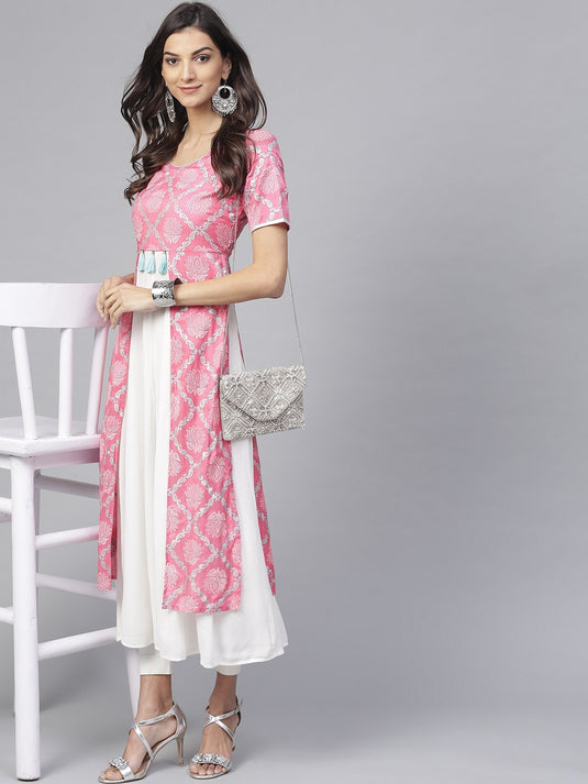 Pink Lotus Inspired Front Open Printed Kurta With Tassels