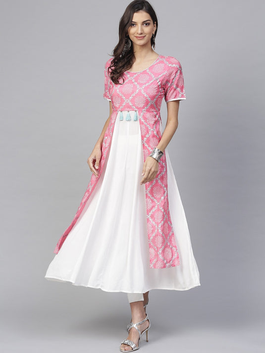 Pink Lotus Inspired Front Open Printed Kurta With Tassels