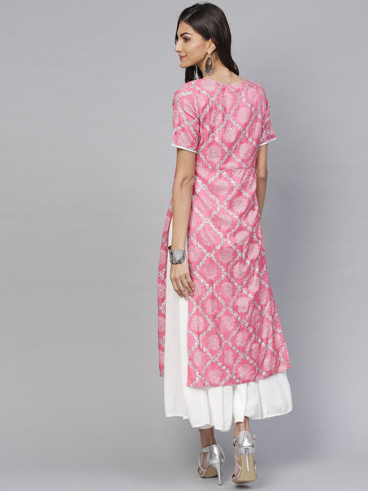 Pink Lotus Inspired Front Open Printed Kurta With Tassels (Copy)