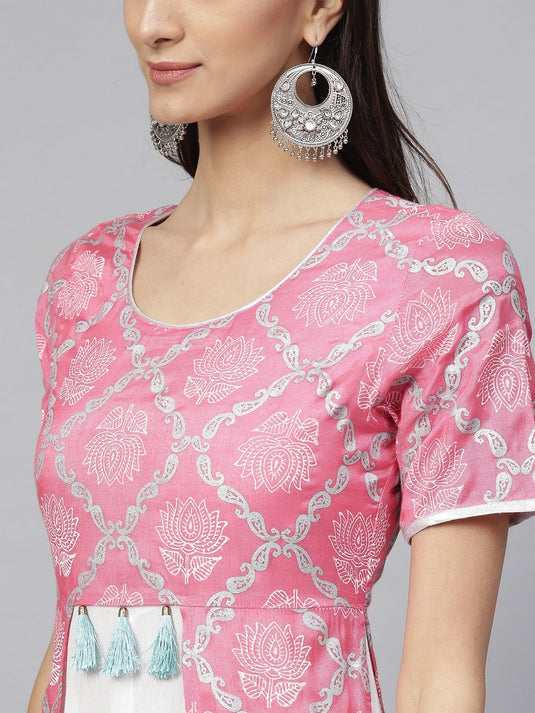 Pink Lotus Inspired Front Open Printed Kurta With Tassels