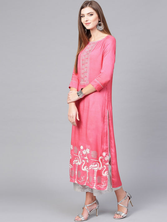 Pink Lotus Inspired Swan Printed Kurta