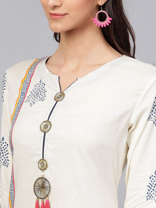 Off-White Placement Printed Tasseled Kurta