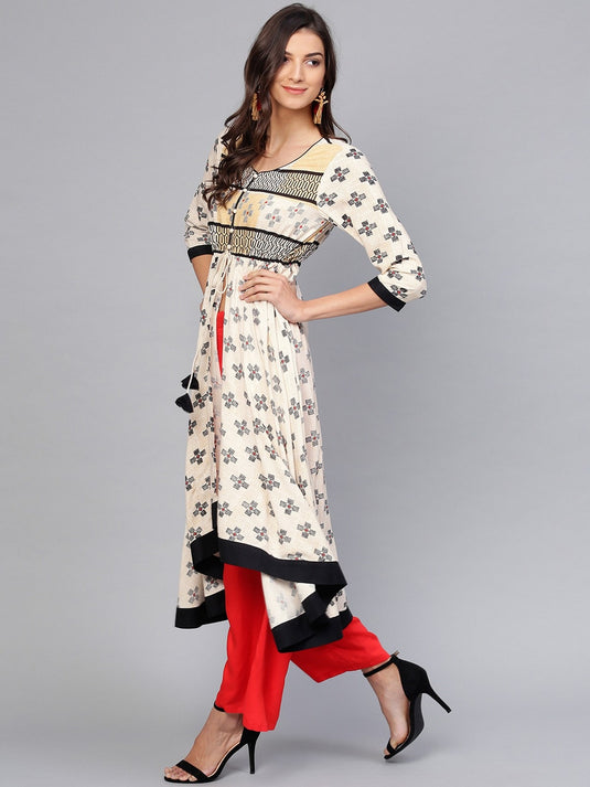 Peacock Inspired Asymmetric Hemline Flared Printed Kurta