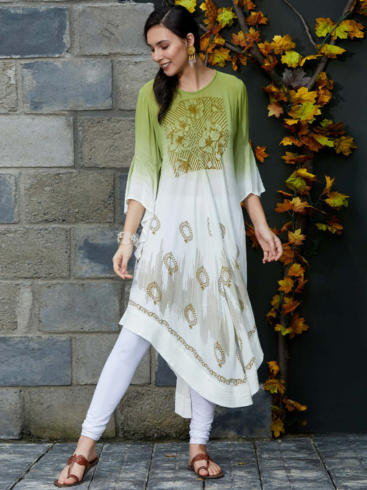 White Ombre Floral Block Printed Asymmetric Hem Kurta