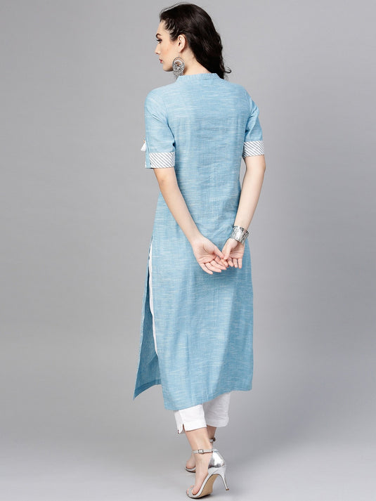 Blue Front Tassel Printed Chambray Kurta