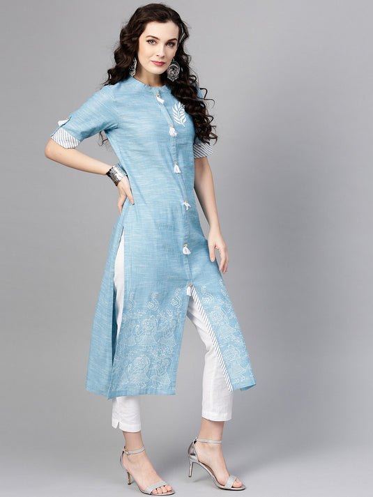 Blue Front Tassel Printed Chambray Kurta