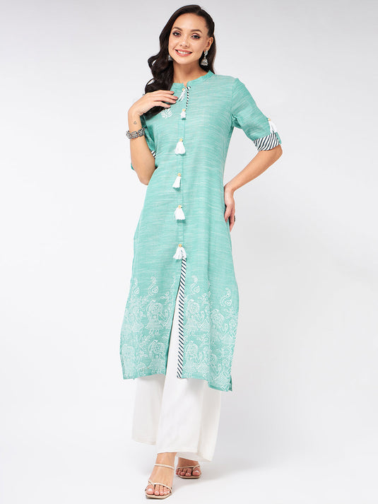 Front Tassel Printed Chambray Kurta