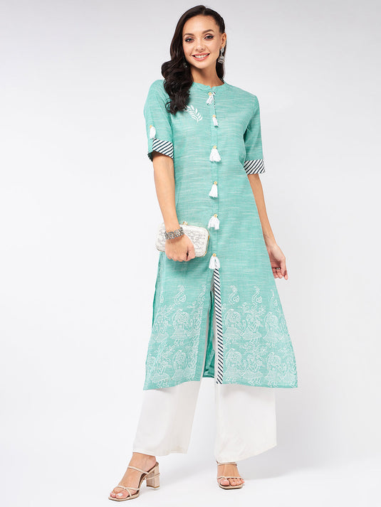 Front Tassel Printed Chambray Kurta