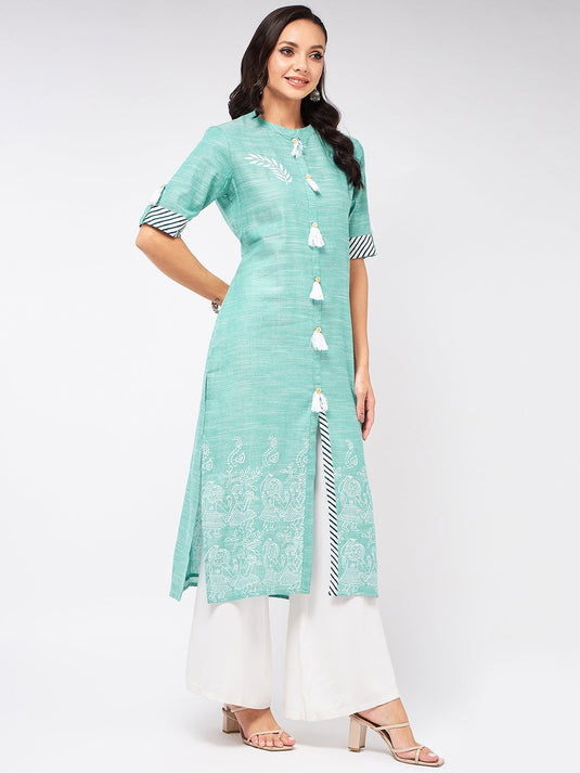 Front Tassel Printed Chambray Kurta