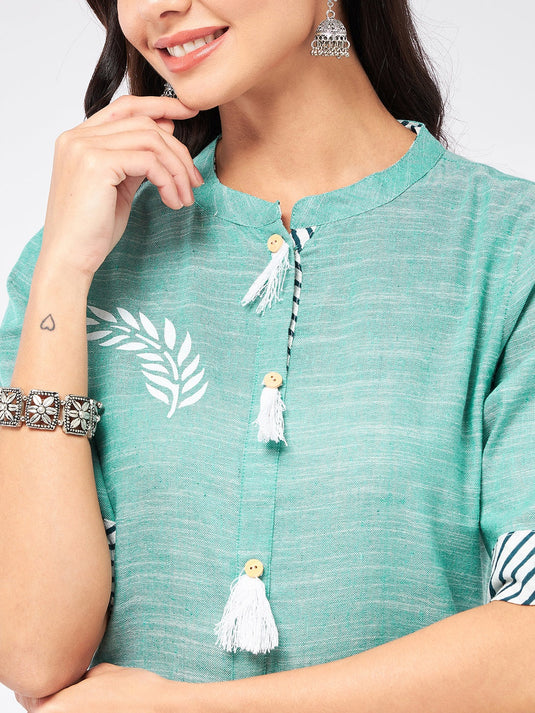 Front Tassel Printed Chambray Kurta