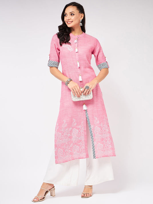 Front Tassel Printed Chambray Kurta