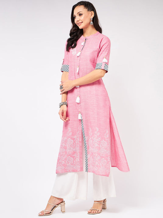 Front Tassel Printed Chambray Kurta