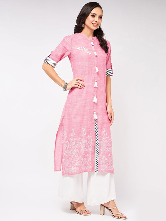 Front Tassel Printed Chambray Kurta