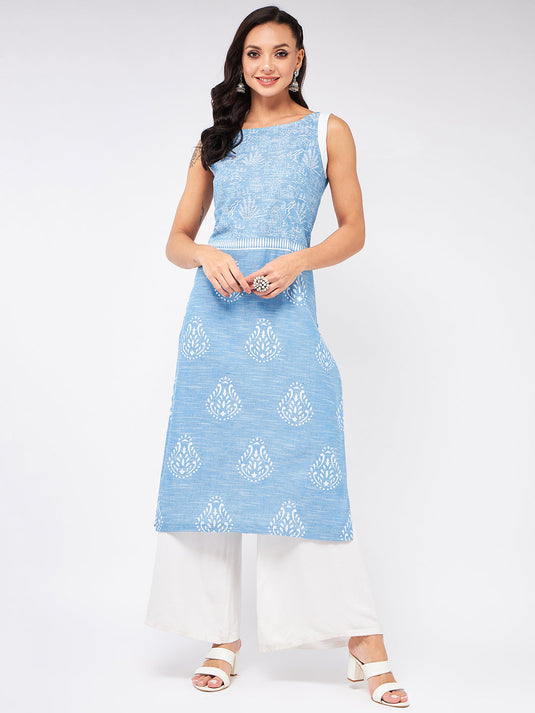 Sleeveless Printed Chambray Kurta