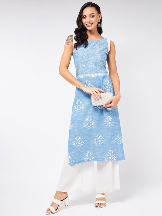 Sleeveless Printed Chambray Kurta