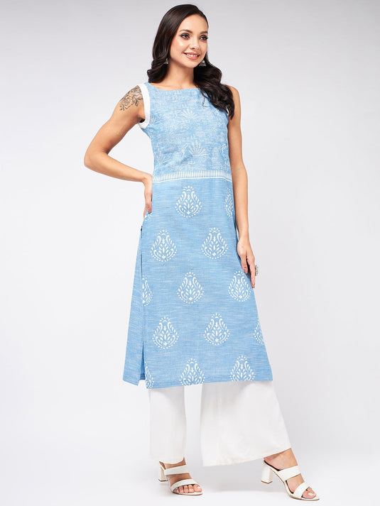 Sleeveless Printed Chambray Kurta