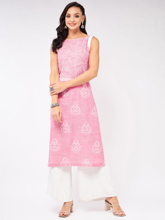 Sleeveless Printed Chambray Kurta