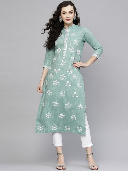 Green Lotus Printed Chambray Kurta