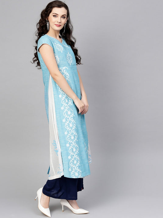 Blue Angarkha Layered Printed Chambray Kurta