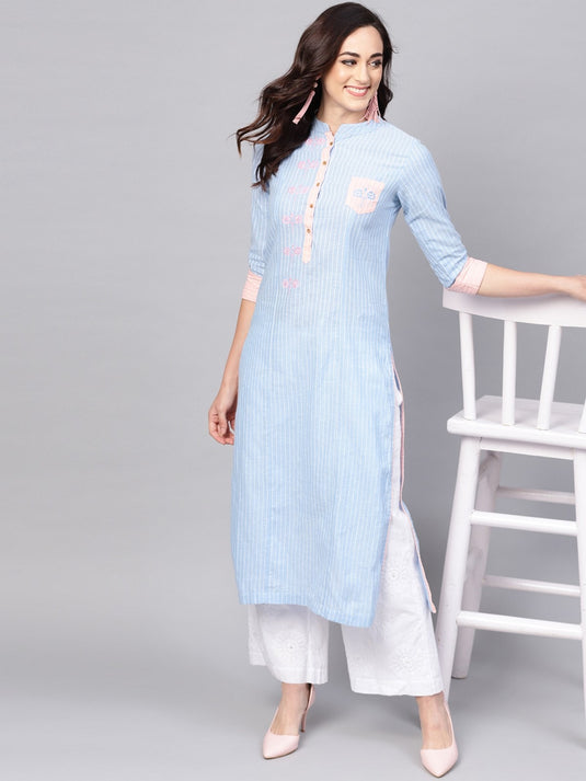 Handloom Panelled Embroidered Straight Kurta