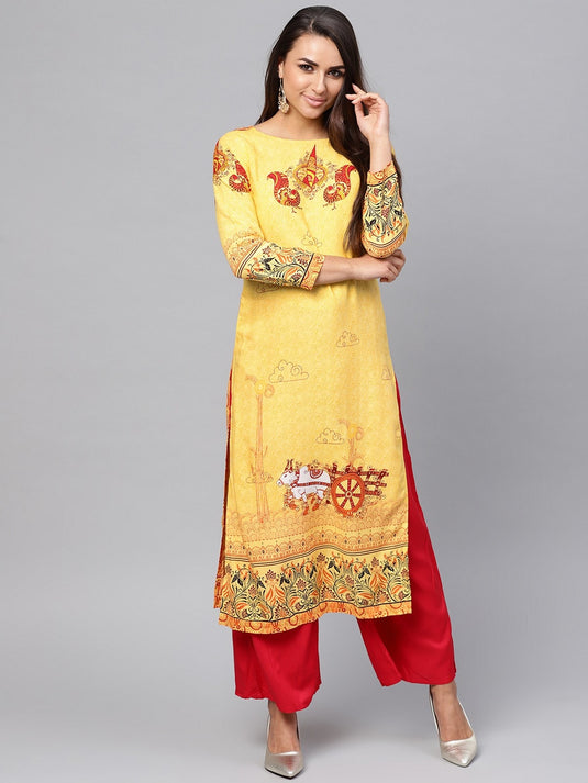 Tribal Print Placement Straight Bullock Cart Kurta