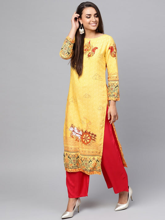 Tribal Print Placement Straight Bullock Cart Kurta