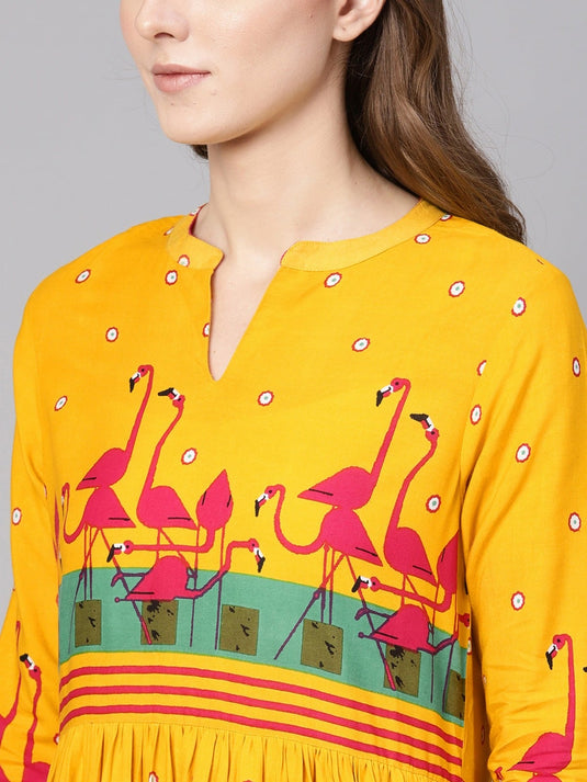 Gathered Flamingo Long Kurta