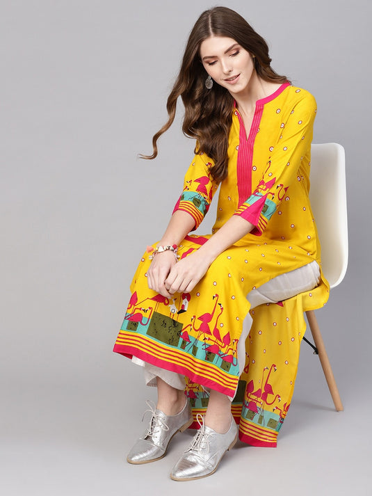 V-Neck Flamingo Printed Kurta