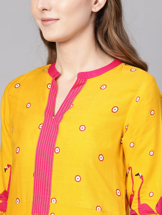 V-Neck Flamingo Printed Kurta