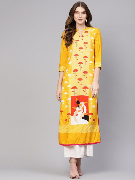 Allover Flamingo Printed Straight Kurta