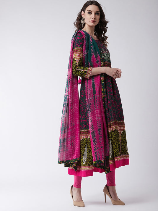 Mughal Flared Kurta With Tie-Dye Dupatta